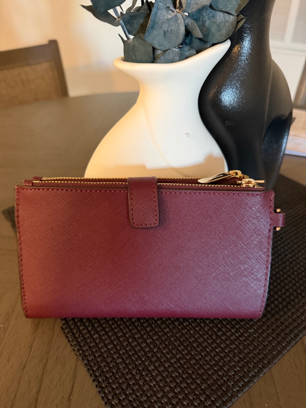 Michael Kors Burgundy Lg Double Zip Saffiano Leather Zip Card Case Wristlet - Picture 2 of 7
